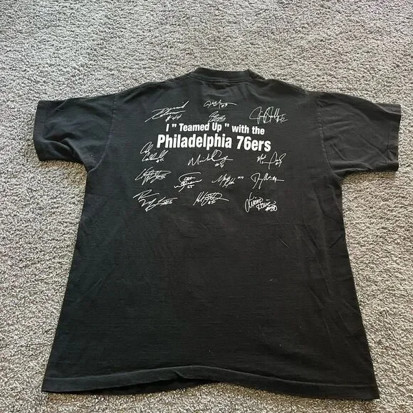 Vintage 90s Philadelphia 76ers Sixers Autograph Team Up T Shirt Black Sz XL NBA - Picture 4 of 9